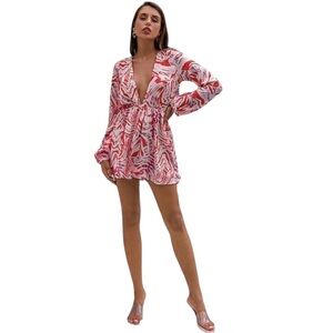 New Love & Lemonade Deep V Long Sleeve Romper Red & Pink Abstract Pattern Size M